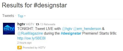Screenshot of HGTV Promoted Tweet for Design Star on Twitter.com 7-11-2011 Screenshot of HGTV Promoted Tweet for Design Star on Twitter.com 7-11-2011